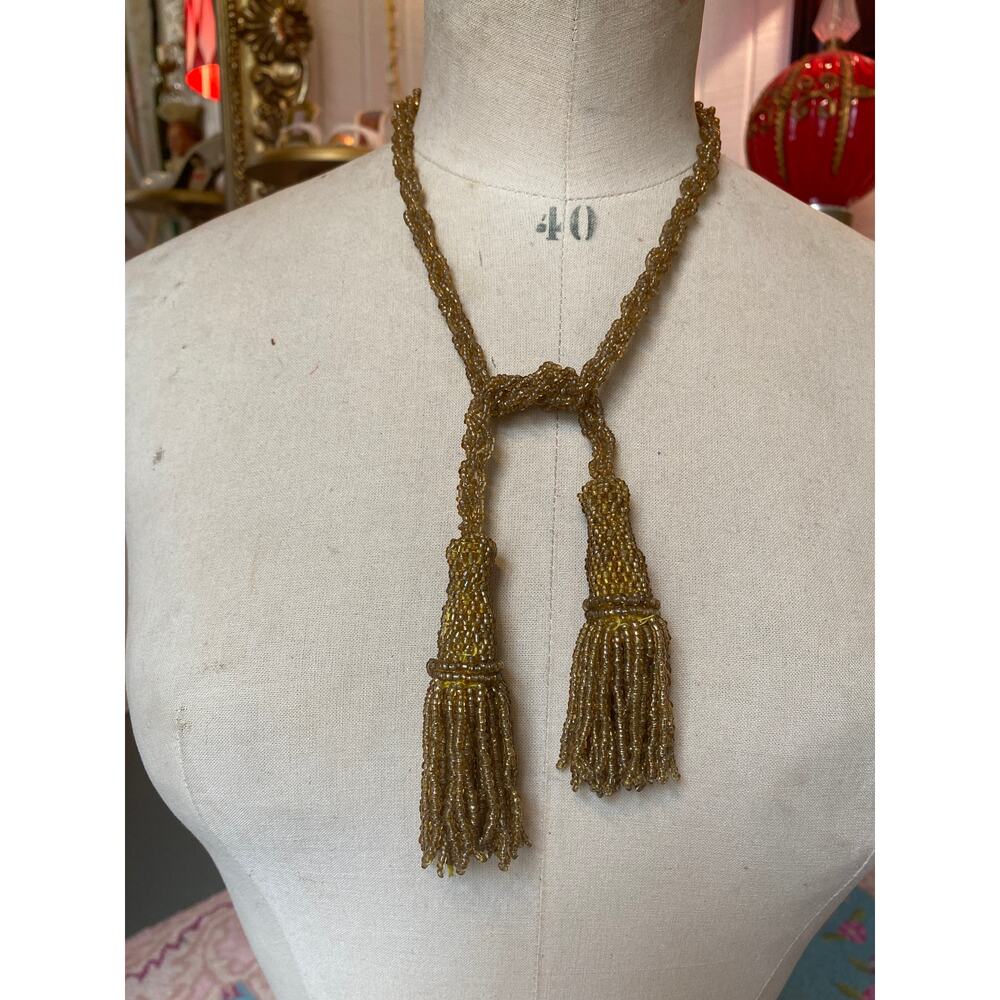 vintage 1920s gold beaded flapper tie necklace antique jewelry lariat tassel 20s